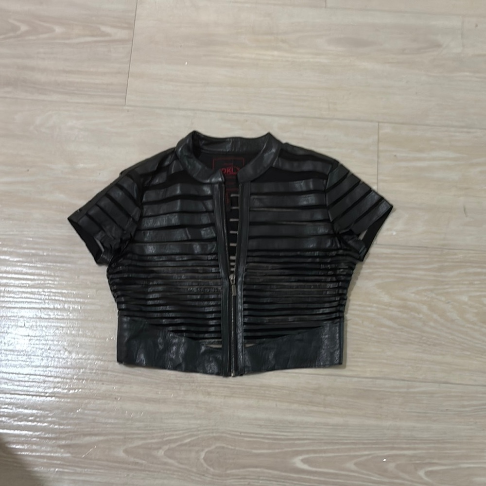Black Leather and lace striped Jacket short sleeved sz m